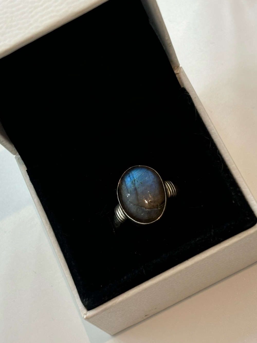 Silver Labradorite Statement Ring in Blue-Gray